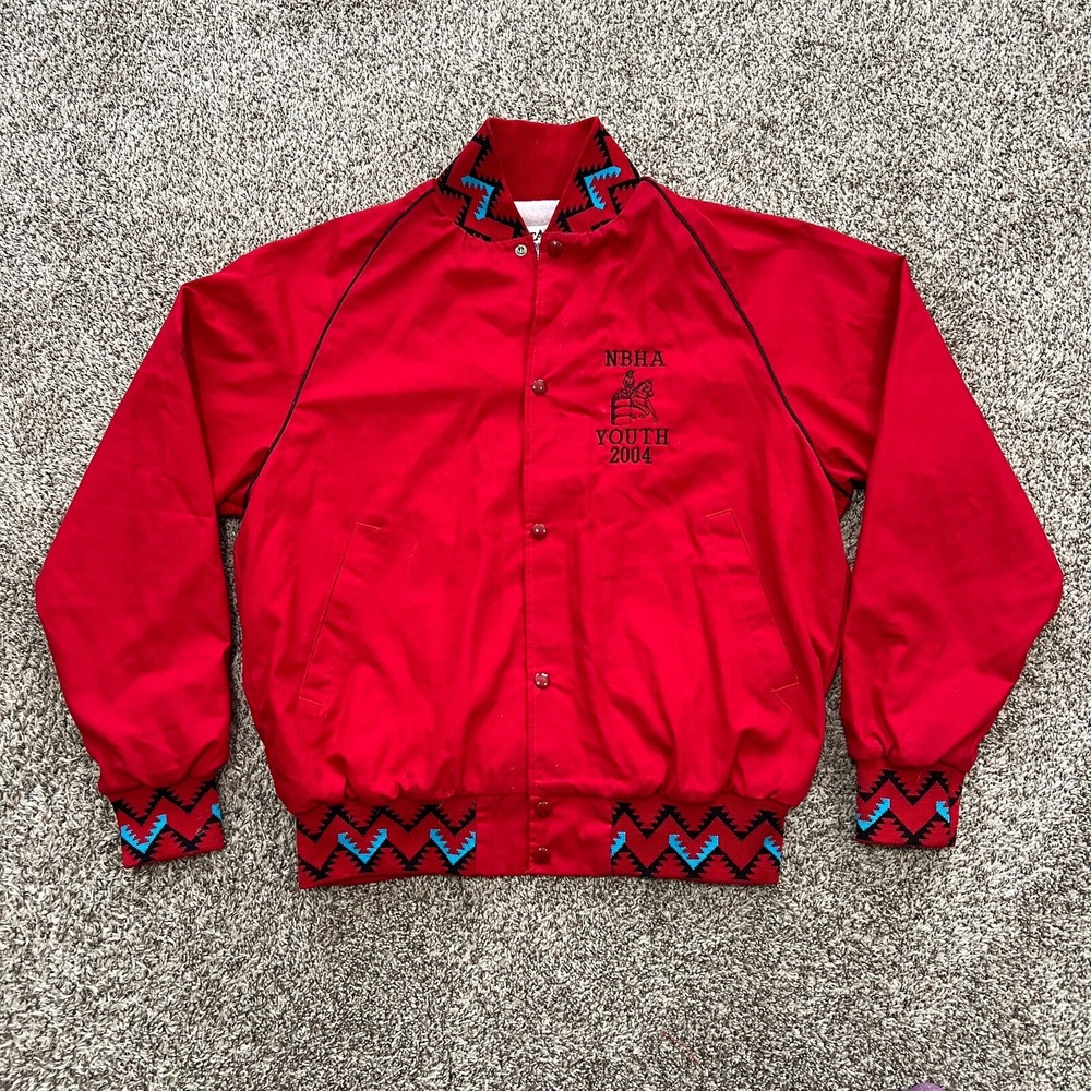 VTG 80s West Ark USA Made Red Aztec Southwestern Bomber Jacket Western Men L